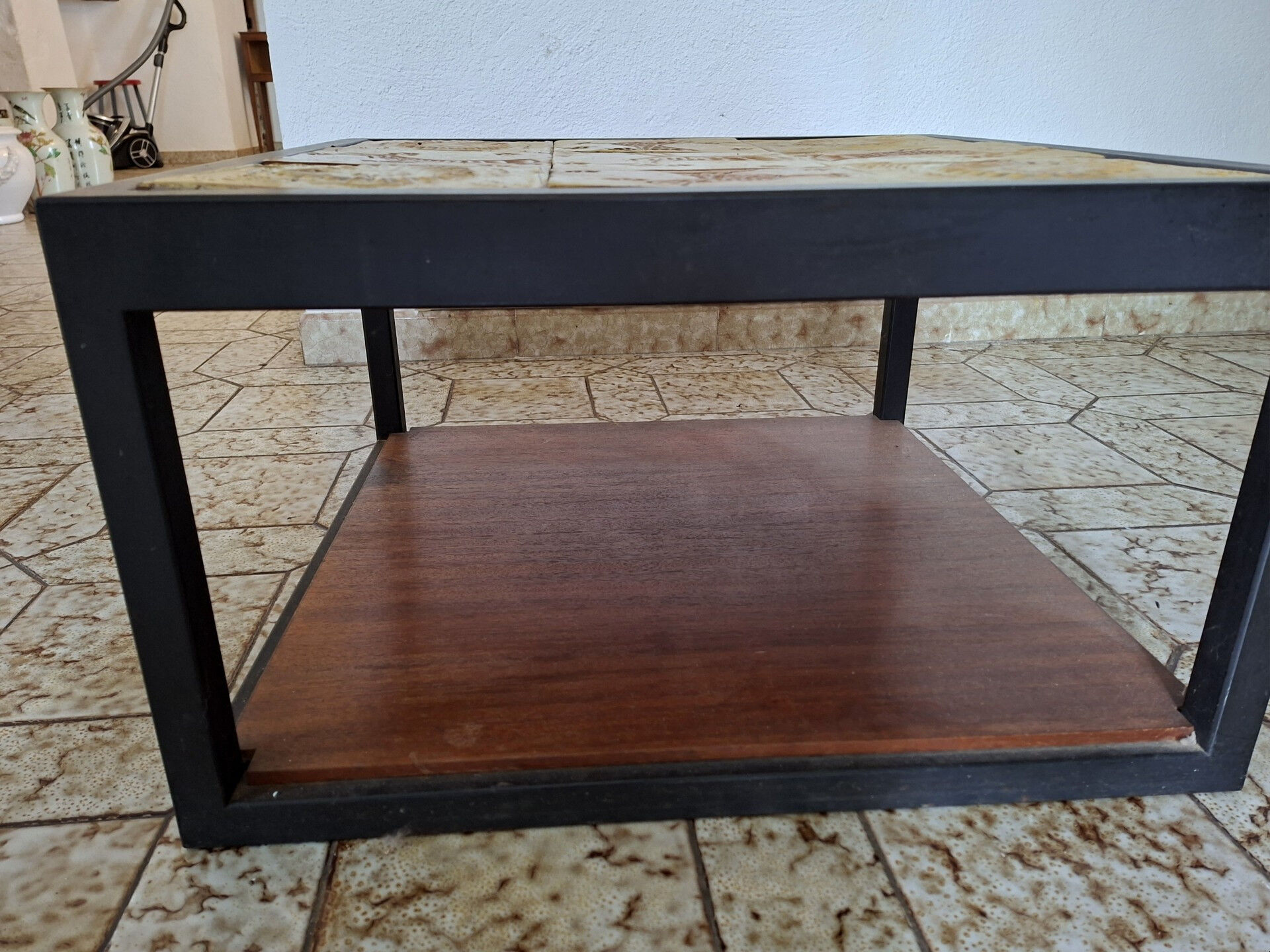 Low Table in Glazed Ceramic and Black Metal, Decorated with Stylised Birds