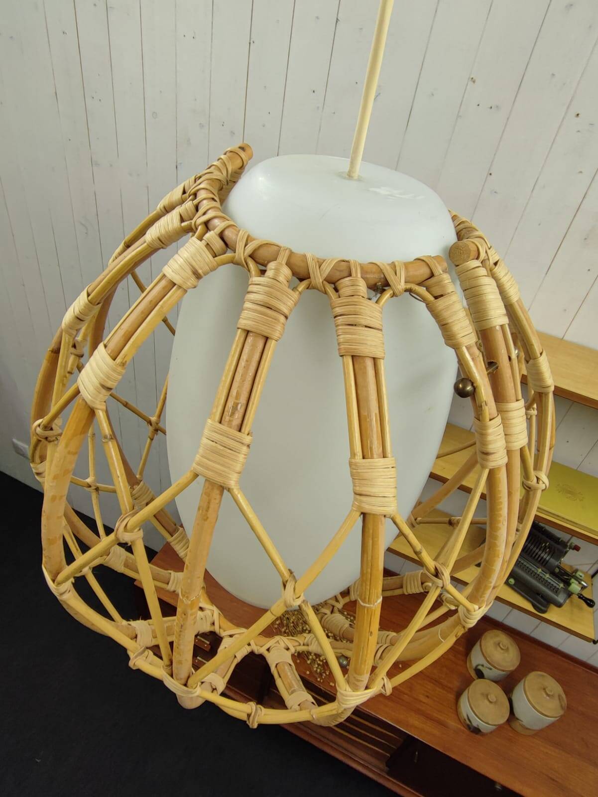 Vintage rattan and opaline pendant light