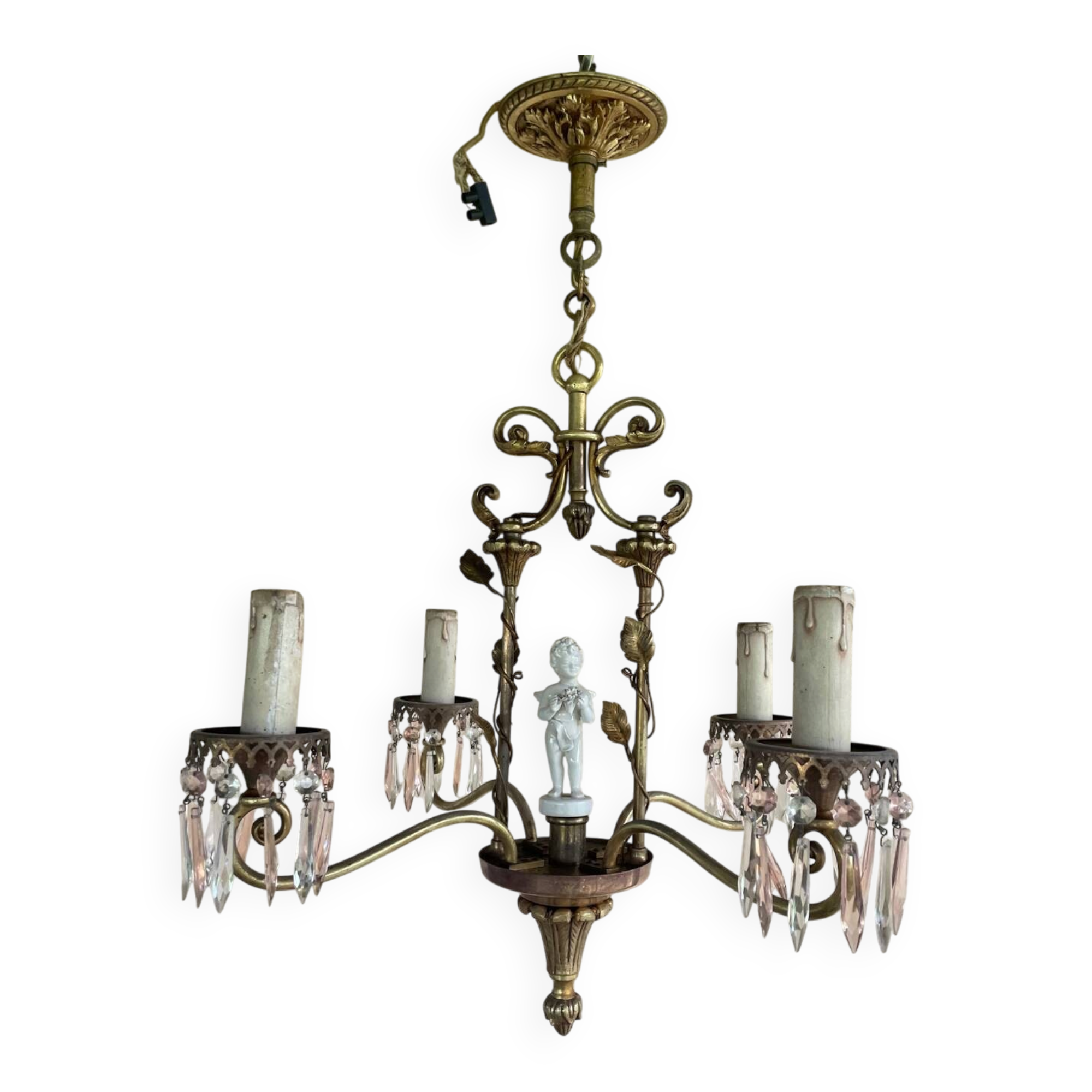 Antique bronze chandelier with porcelain angel.