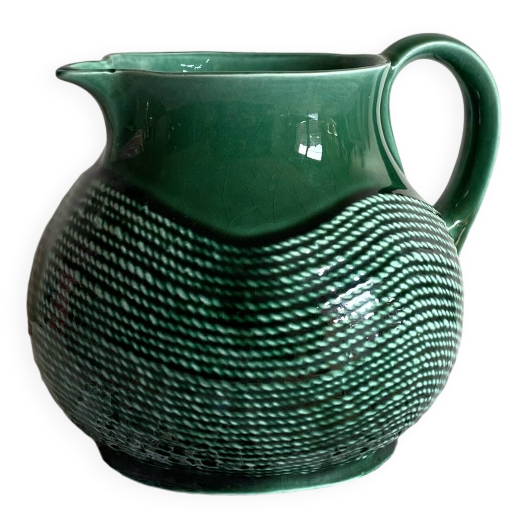 Green ceramic pitcher Sarreguemines vintage tableware