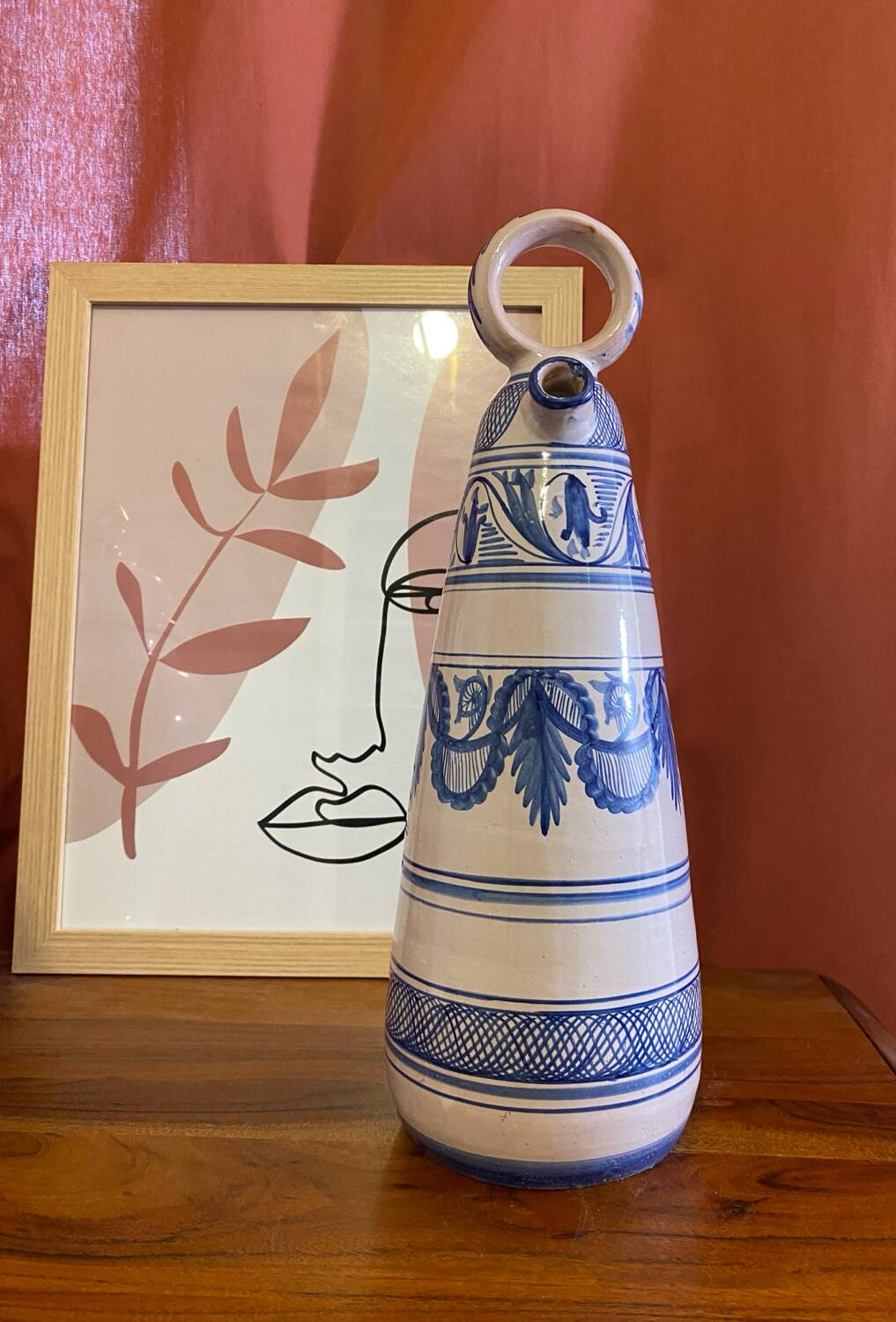 Vintage Spanish Hand Painted Glazed Ceramic Vase / Water Jug