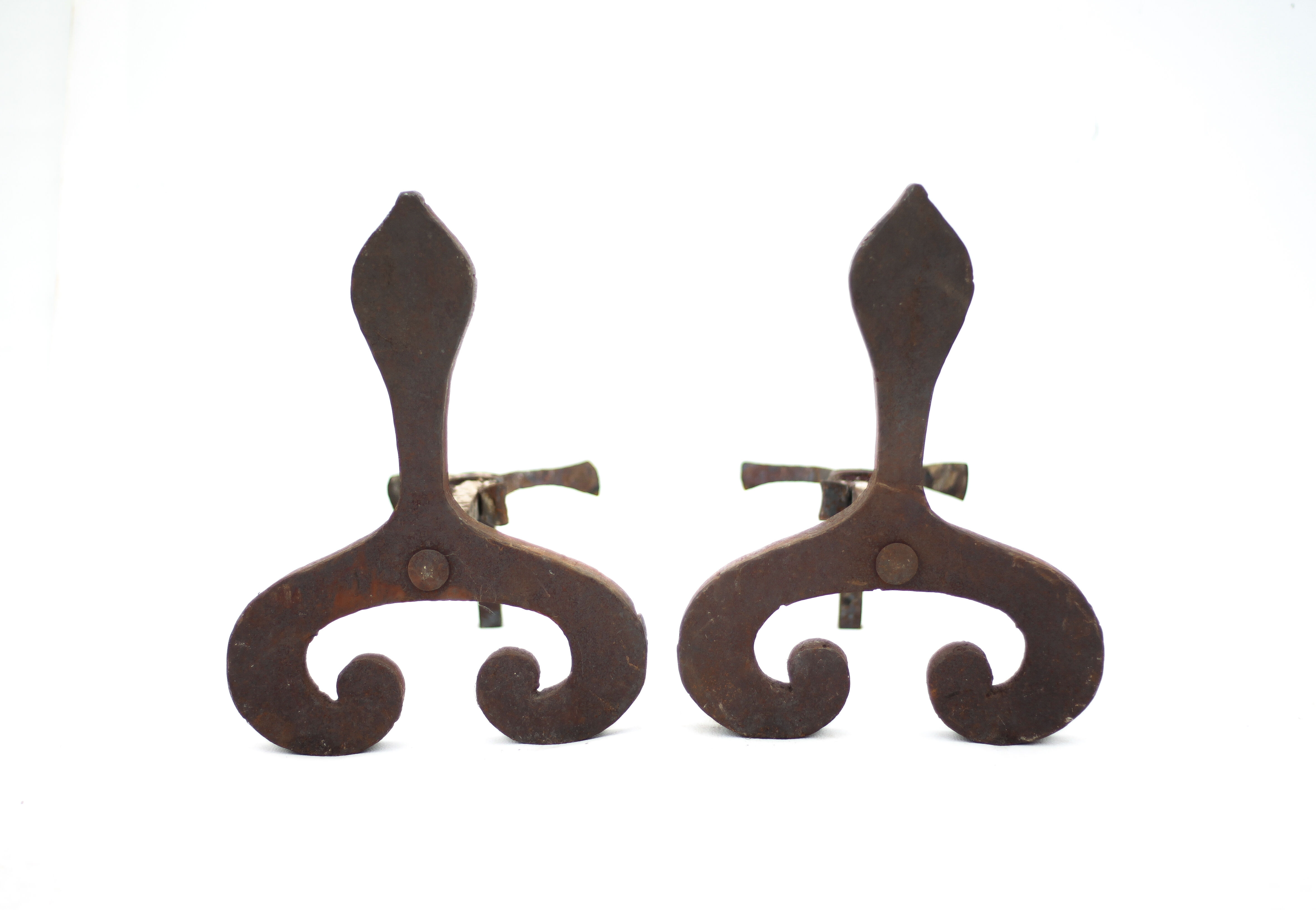 Vintage chenets, pair of brutalist chenets, fireplace accessory.