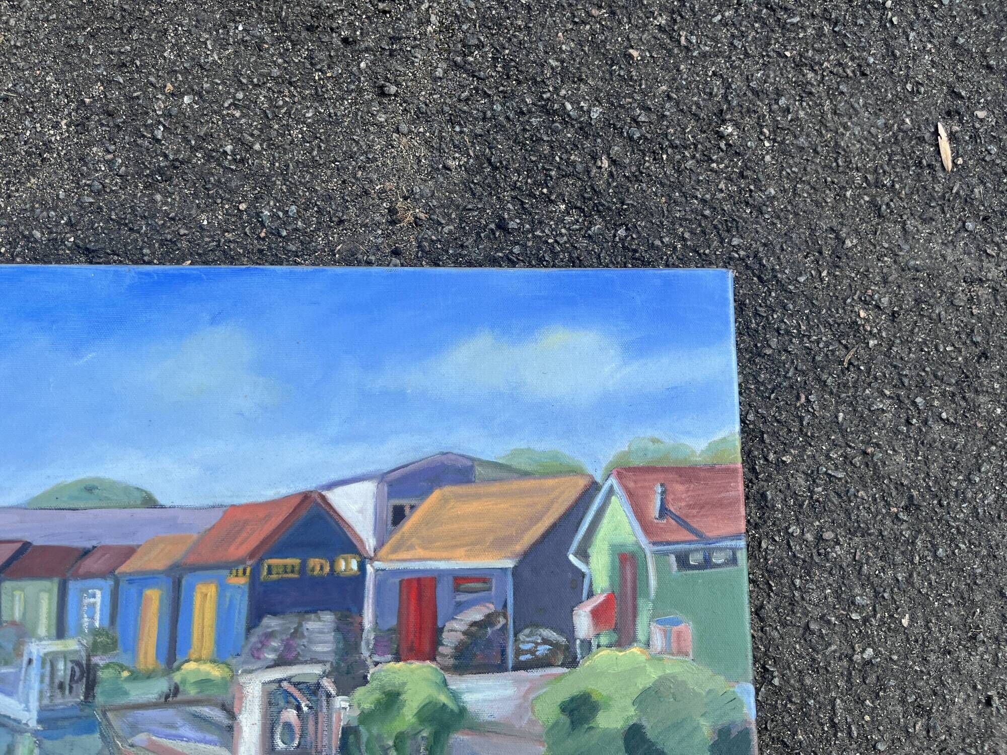Painting signed by Esther Durand – Colourful huts by the water – Oil on