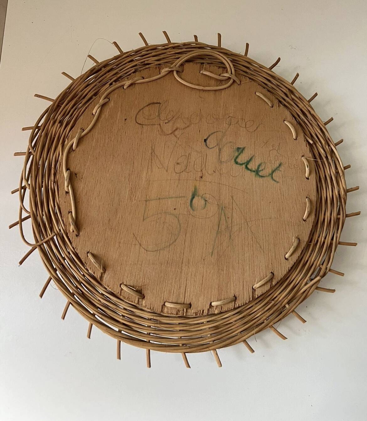 Vintage 1950s round wicker sun mirror