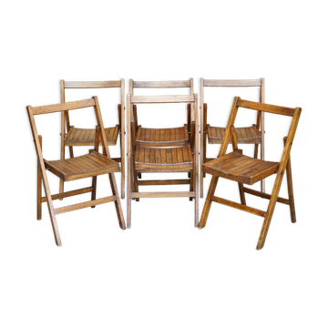 Set of six folding steamer chairs in English oak, circa 1900-1920.