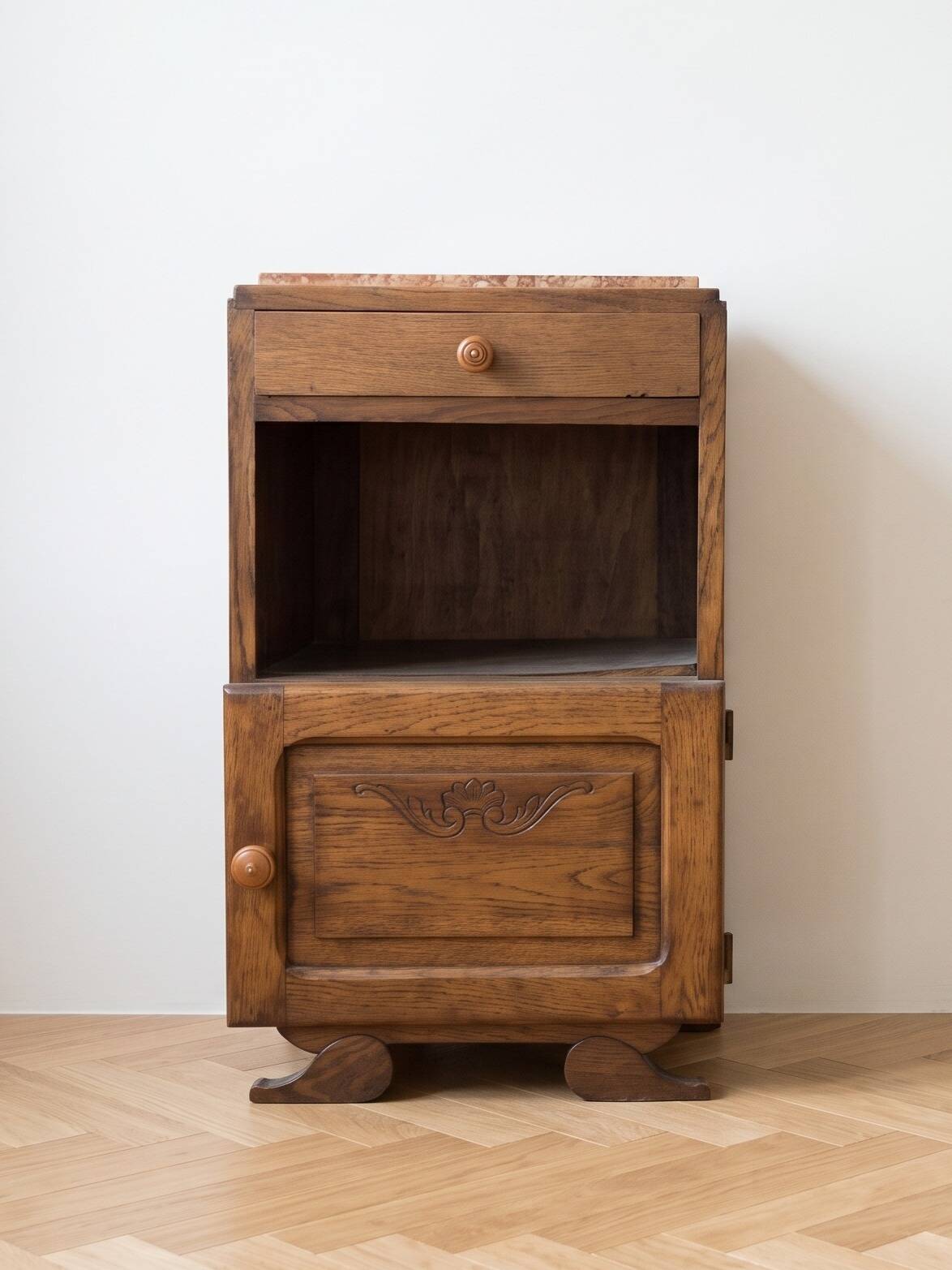 Art Deco bedside table in oak and pink marble