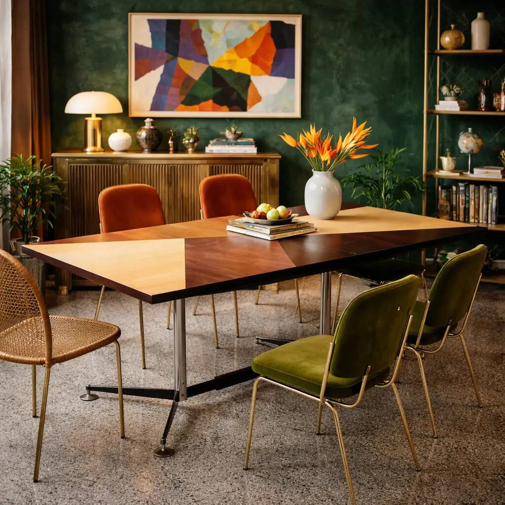 Vintage collection table Prisma, various essences, Italy, 1960s.