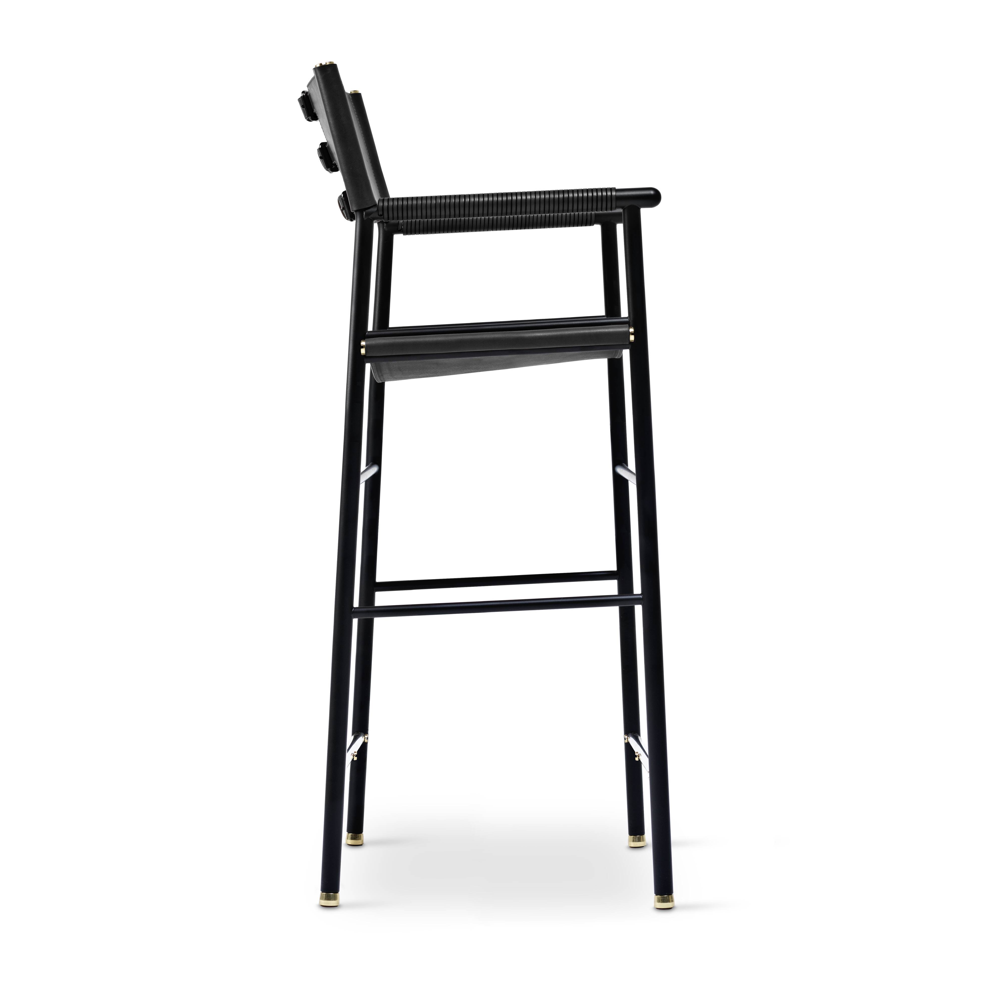 Set of 5 classic bar stools with black leather and rubber backing.
