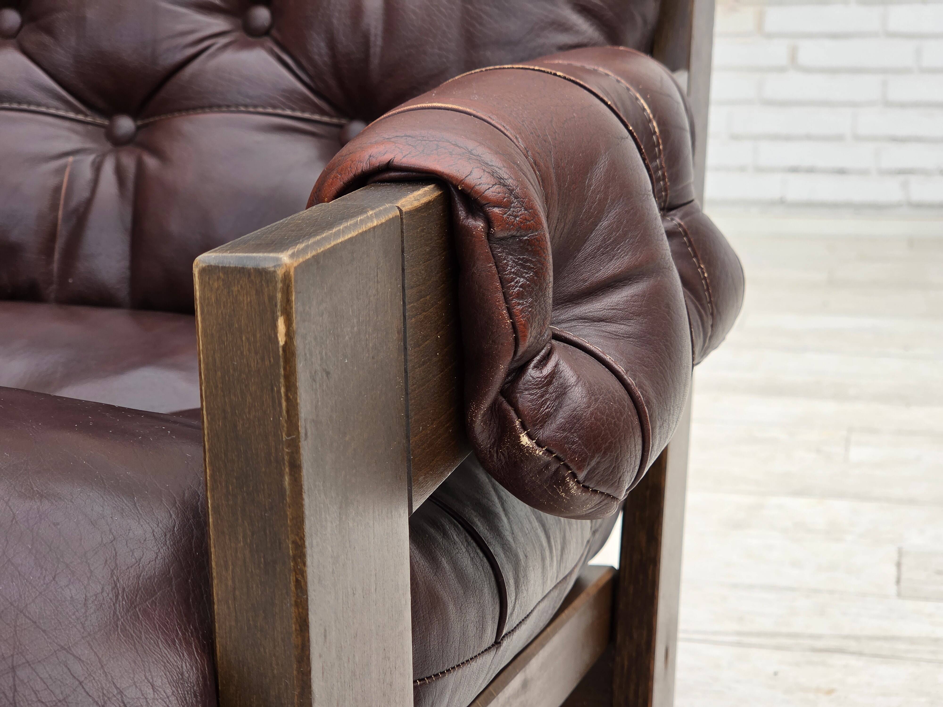 1970s, Scandinavian armchair, brown furniture leather, dark beech wood.