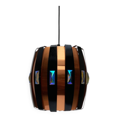Lampe suspension danoise en métal cuivre et noir et prisme de style mid-century modern par Werner Schou pour Coronell Elektro