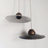 Pair of vintage enamelled sheet metal industrial pendant lights