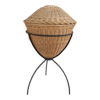 Vintage rattan worker, wrought iron tripod base, 60s