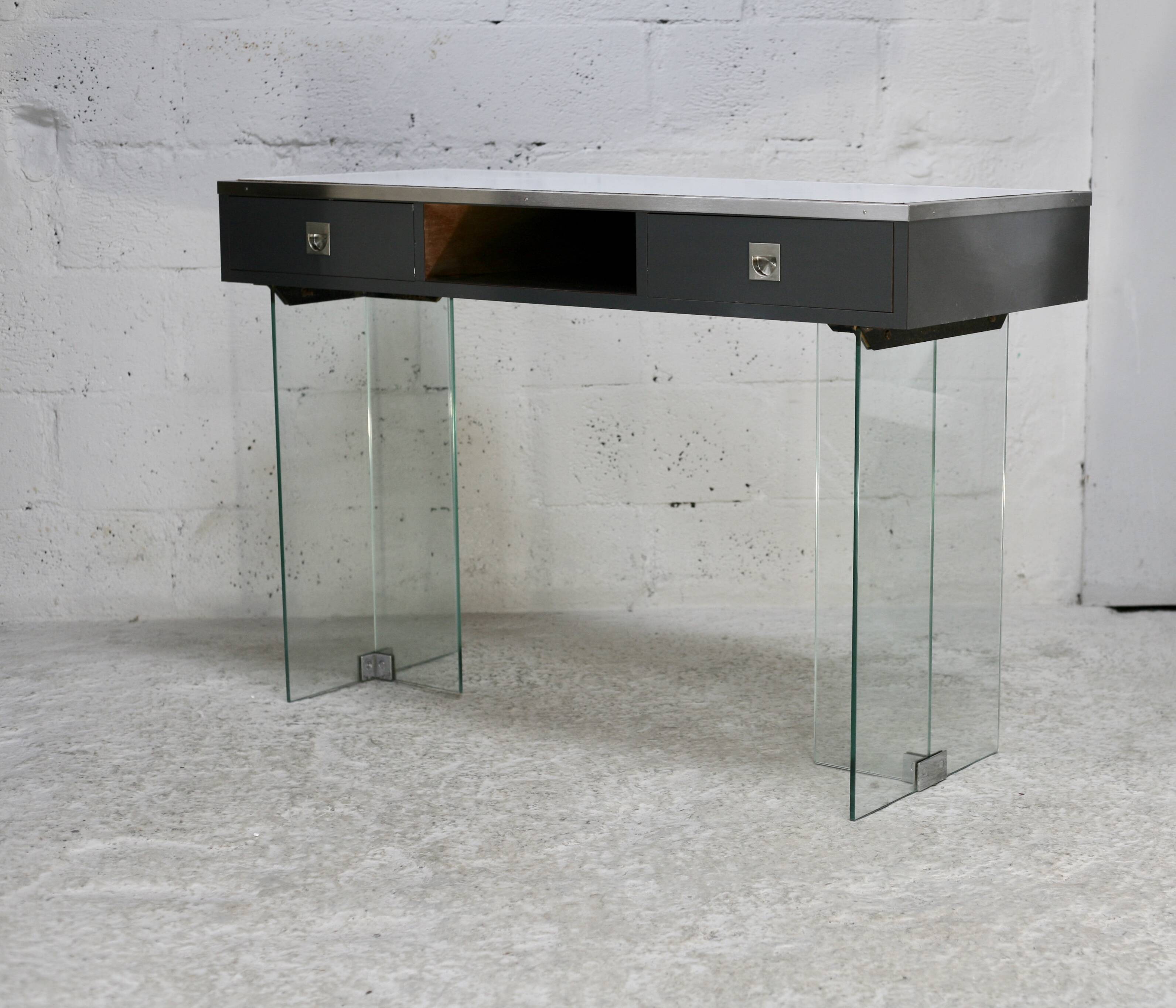 Modernist console, 60s, glass base, wooden and melamine top, white