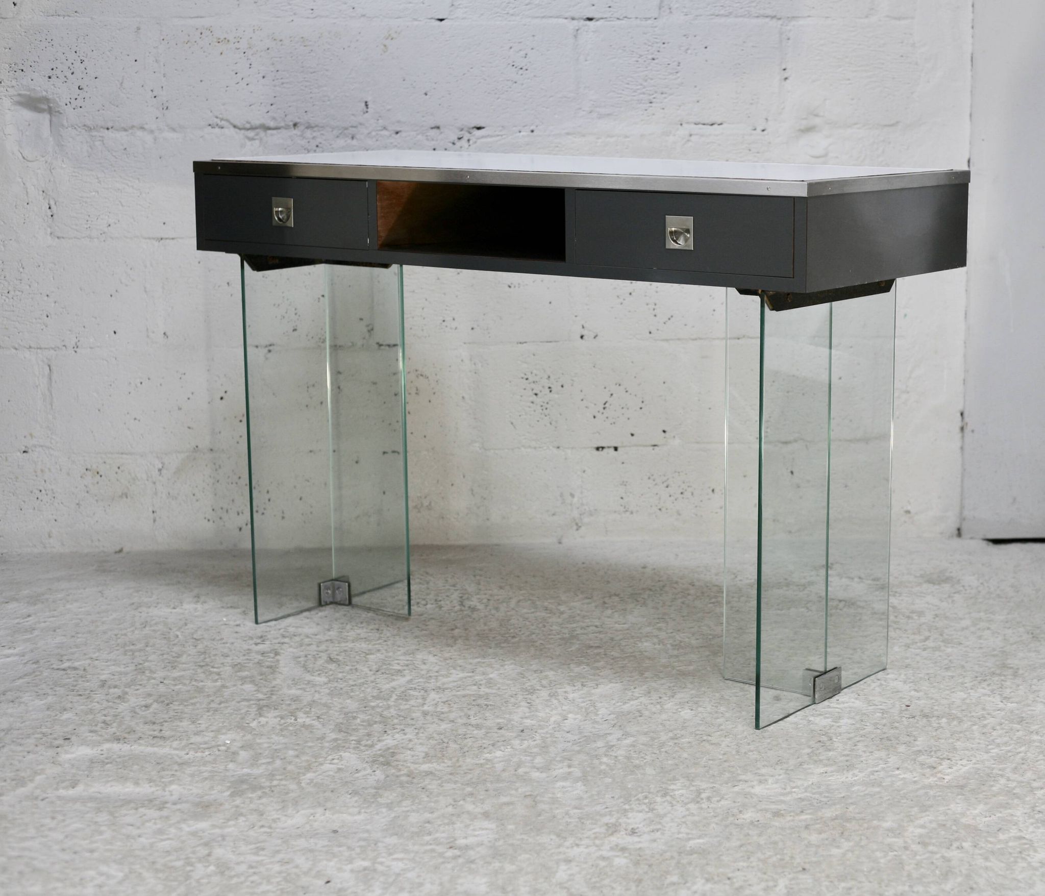 Modernist console, 60s, glass base, wooden and melamine top, white