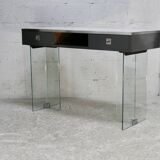 Modernist console, 60s, glass base, wooden and melamine top, white