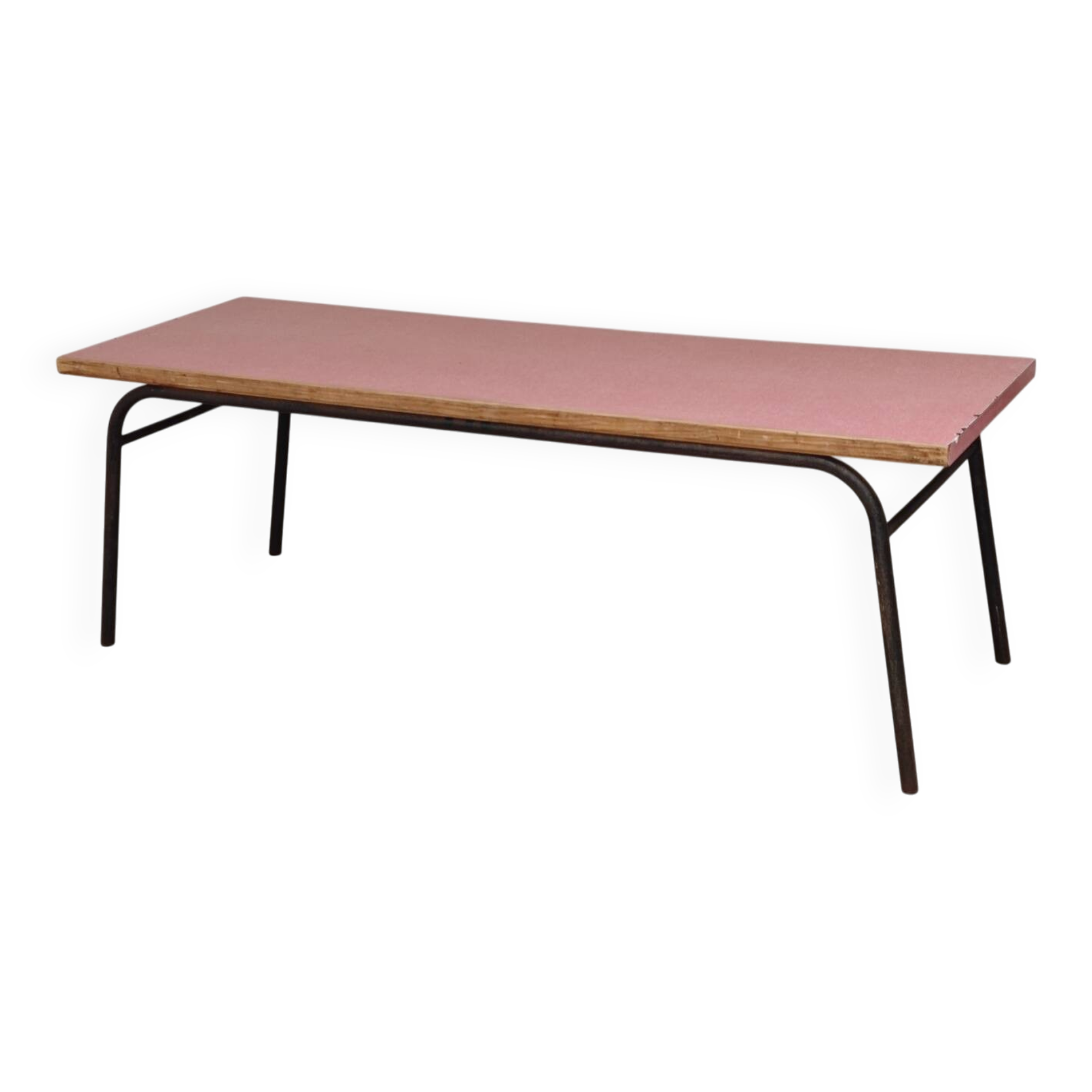 Grande table de réfectoire en formica rose et metal numéro 4