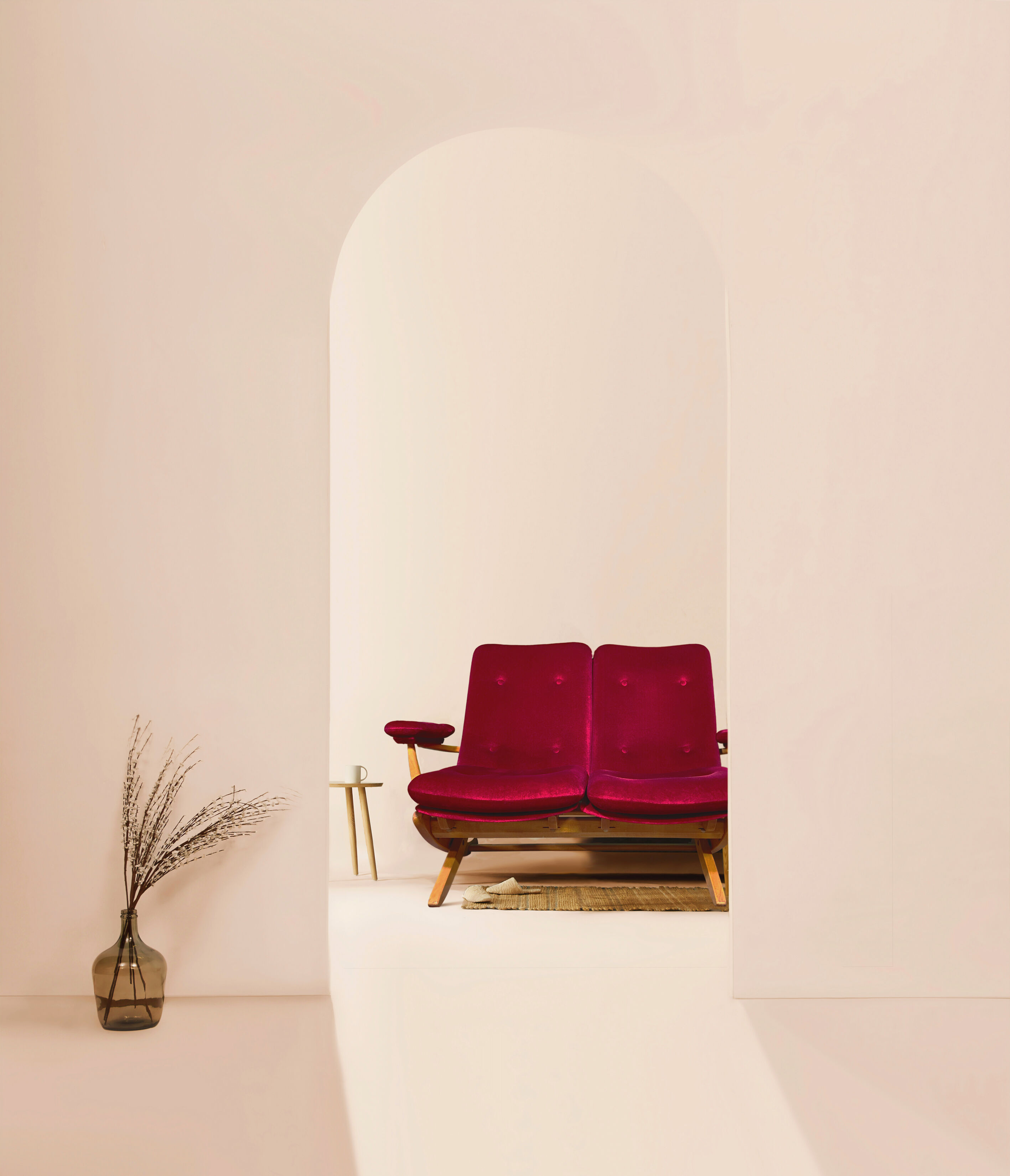 2-seater red velvet sofa end of 1970