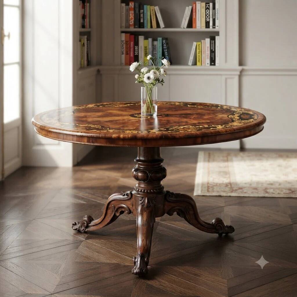 Antique walnut and rosewood table with floral inlays, Netherlands, 19th century.