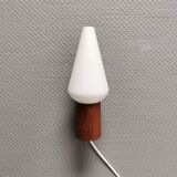 Wall lamp in teak with milky white cone-shaped shade in double glass