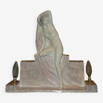 Ceramic Lamp by "Fanny Rozet" Naked Woman on Her Pedestal ART DECO Period