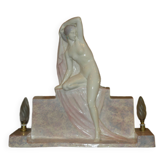 Ceramic Lamp by "Fanny Rozet" Naked Woman on Her Pedestal ART DECO Period