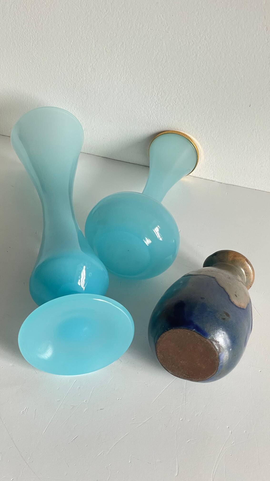 3 VASES Bleu Océan Grès et Verre OPALIN Vintage