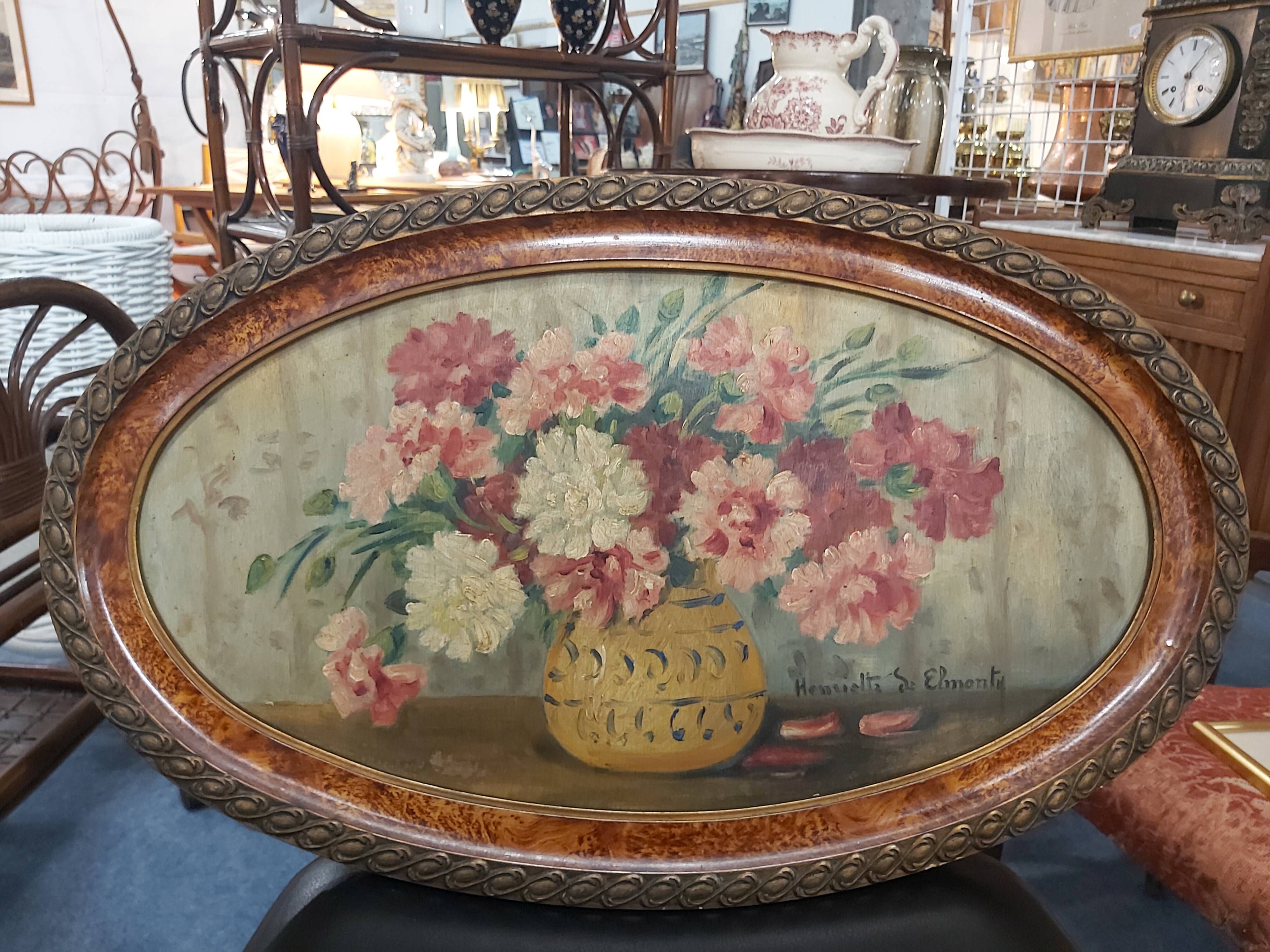 Oil on panel bouquet of flowers Henriette De Elmonty