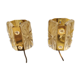 Set of wall lamps in brass colored suspension with thick pressed glass, from Danish Vitrika 1970s.