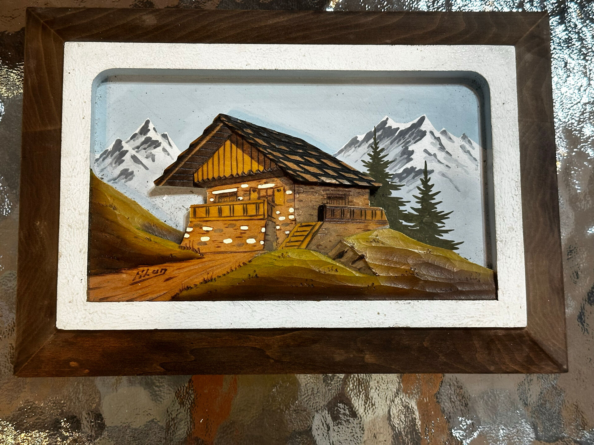 Carved and painted wooden Alpine panel signed 18 / 26 cm