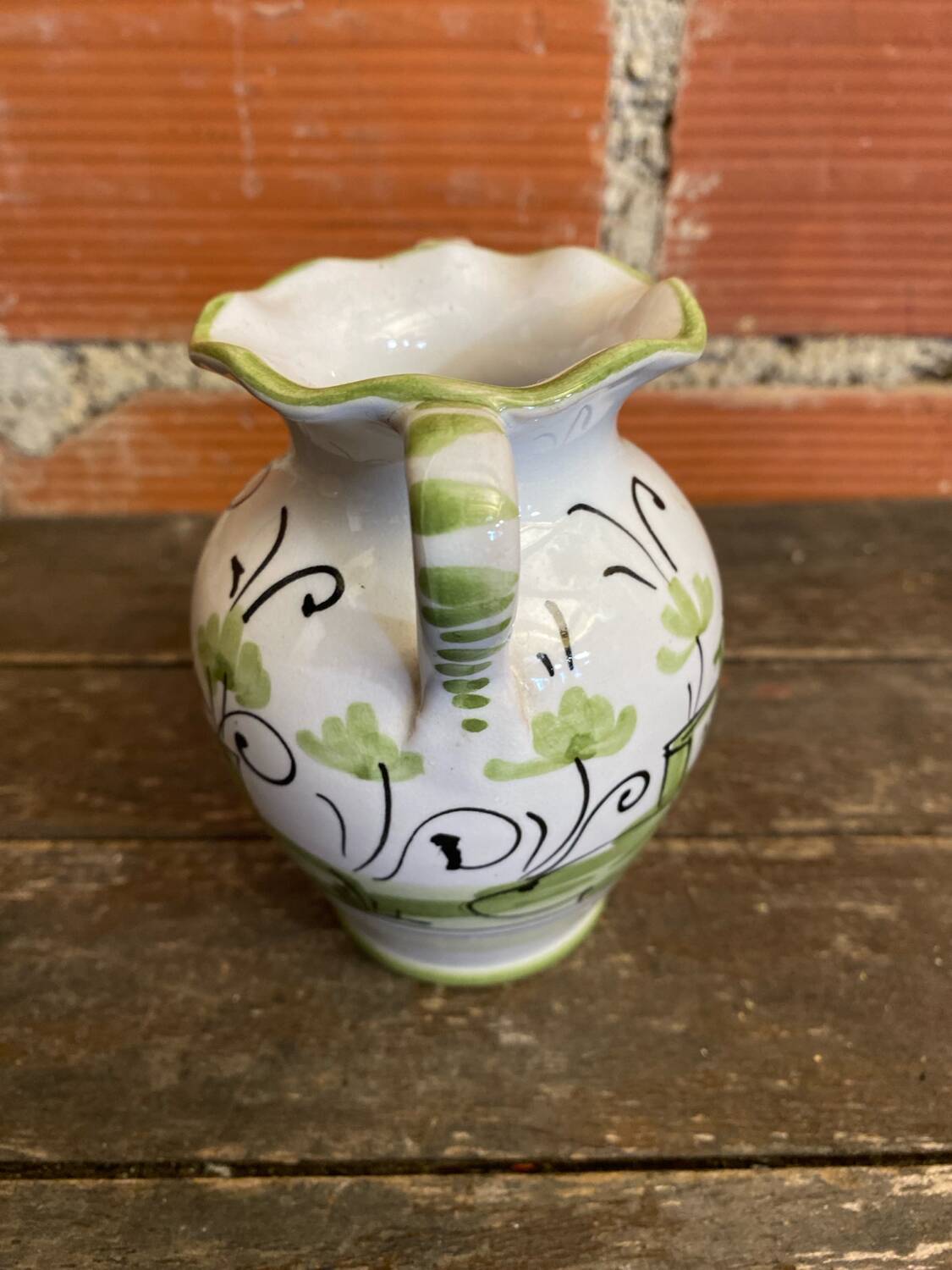 Vintage White Ceramic Vase with Green Landscape Decor from the 1970s