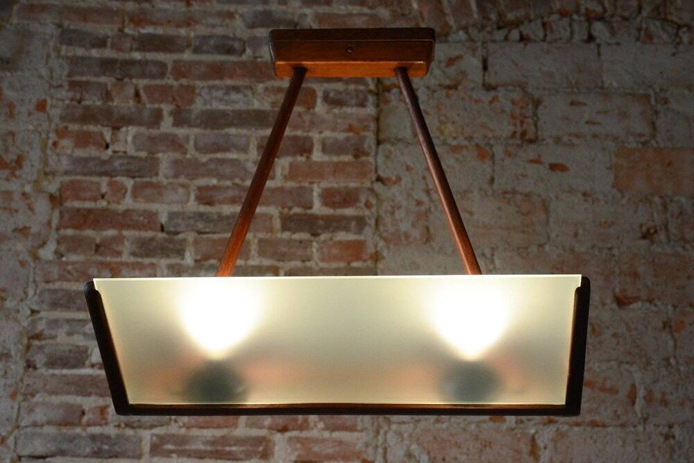 Mid-Century Chandelier in Beech and Milk Glass, Czech, 1950s