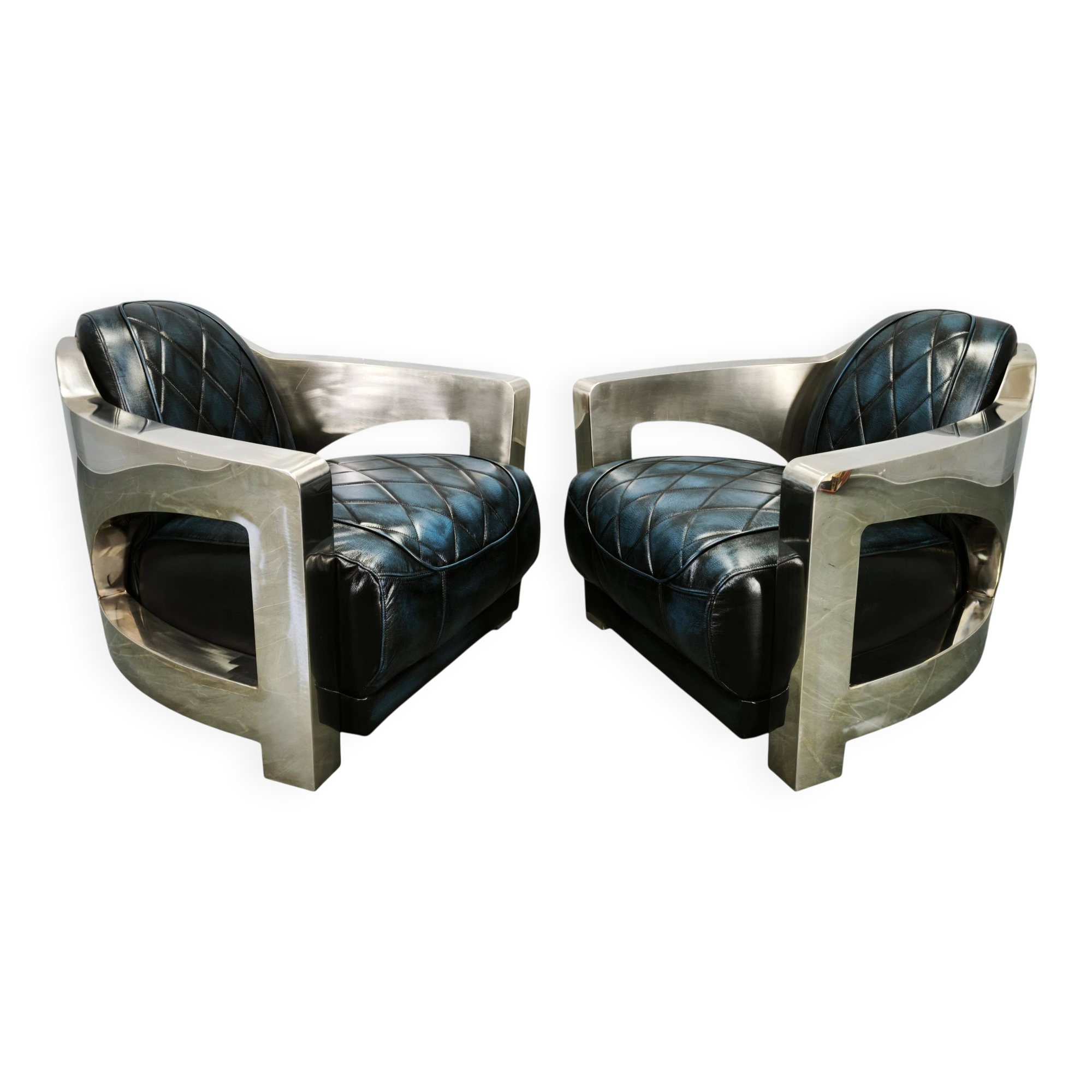Pair of Timothy Oulton Aviator Leather and Steel Armchairs 1990s