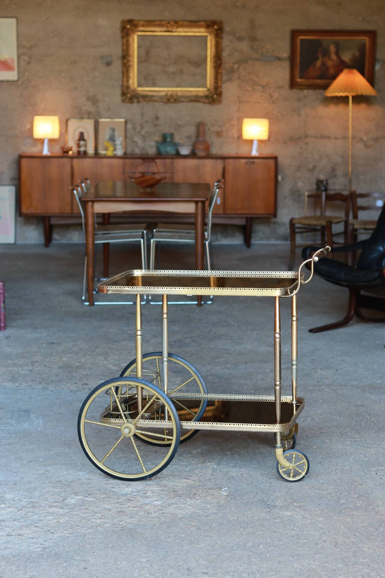 Serving trolley, vintage mini-bar in metal and smoked glass