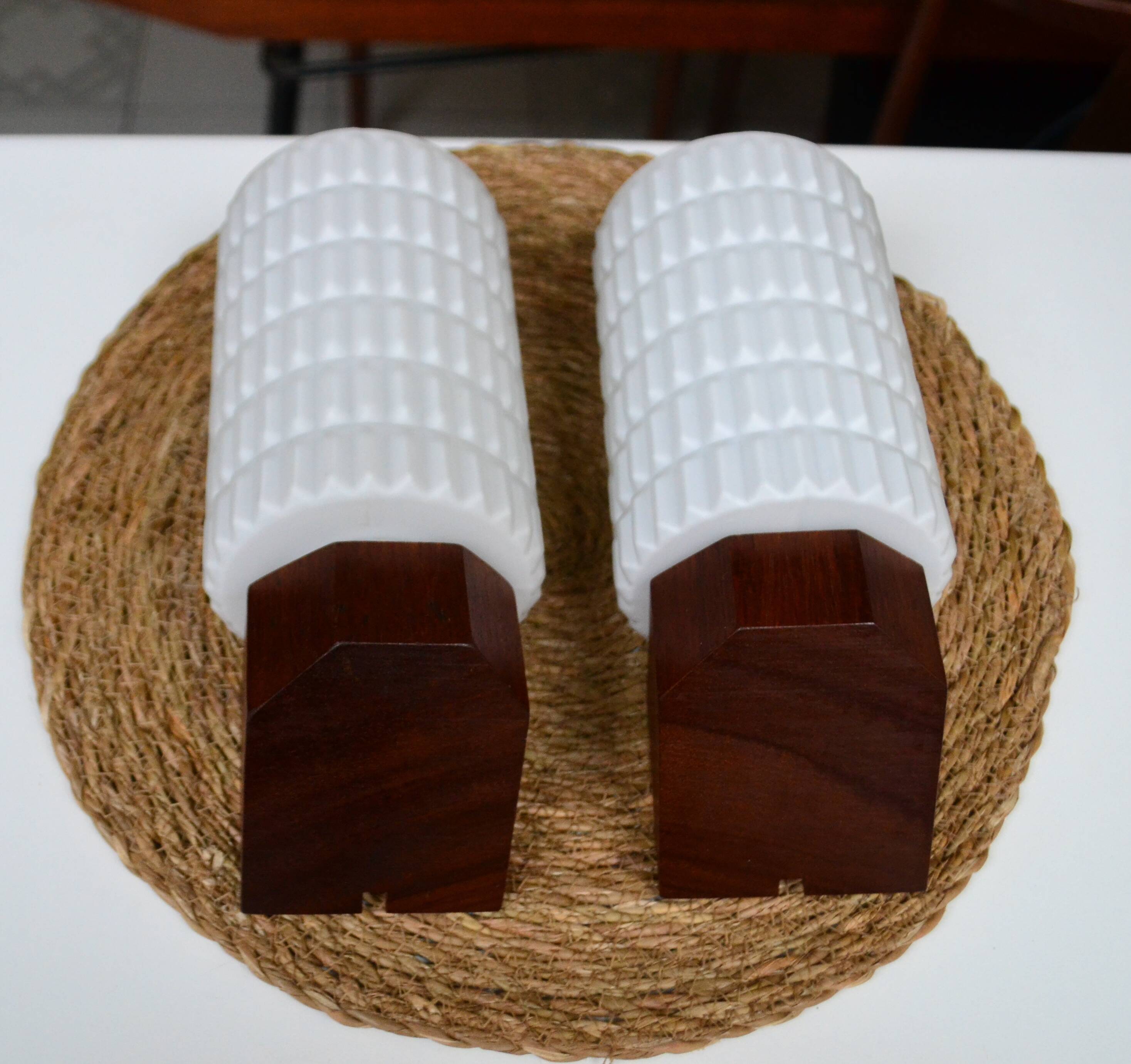 Pair of Scandinavian wall lights in teak and opaline by Philips from the 1960s.