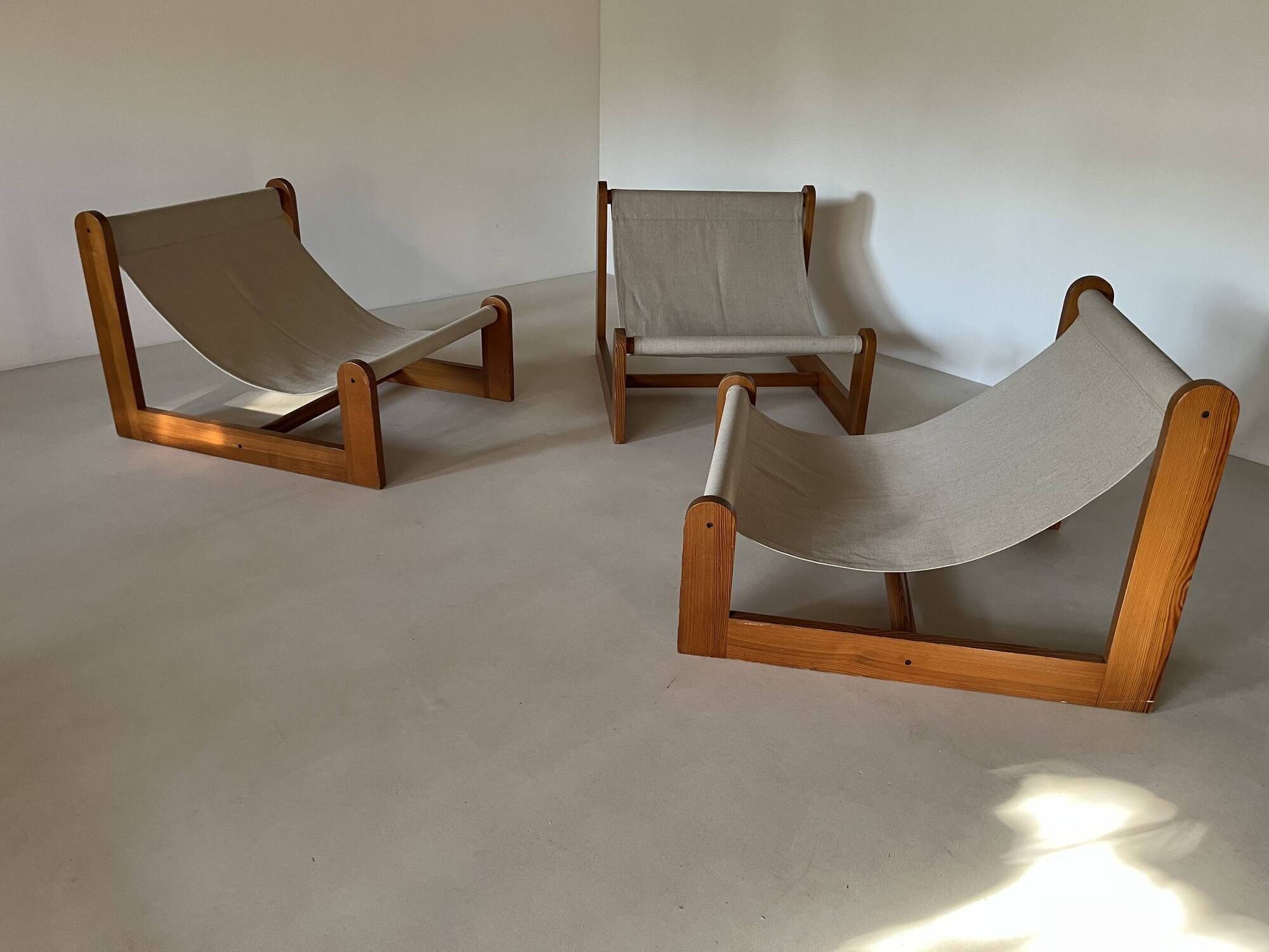 Sling chair in pine, canvas and sheepskin, 1970s