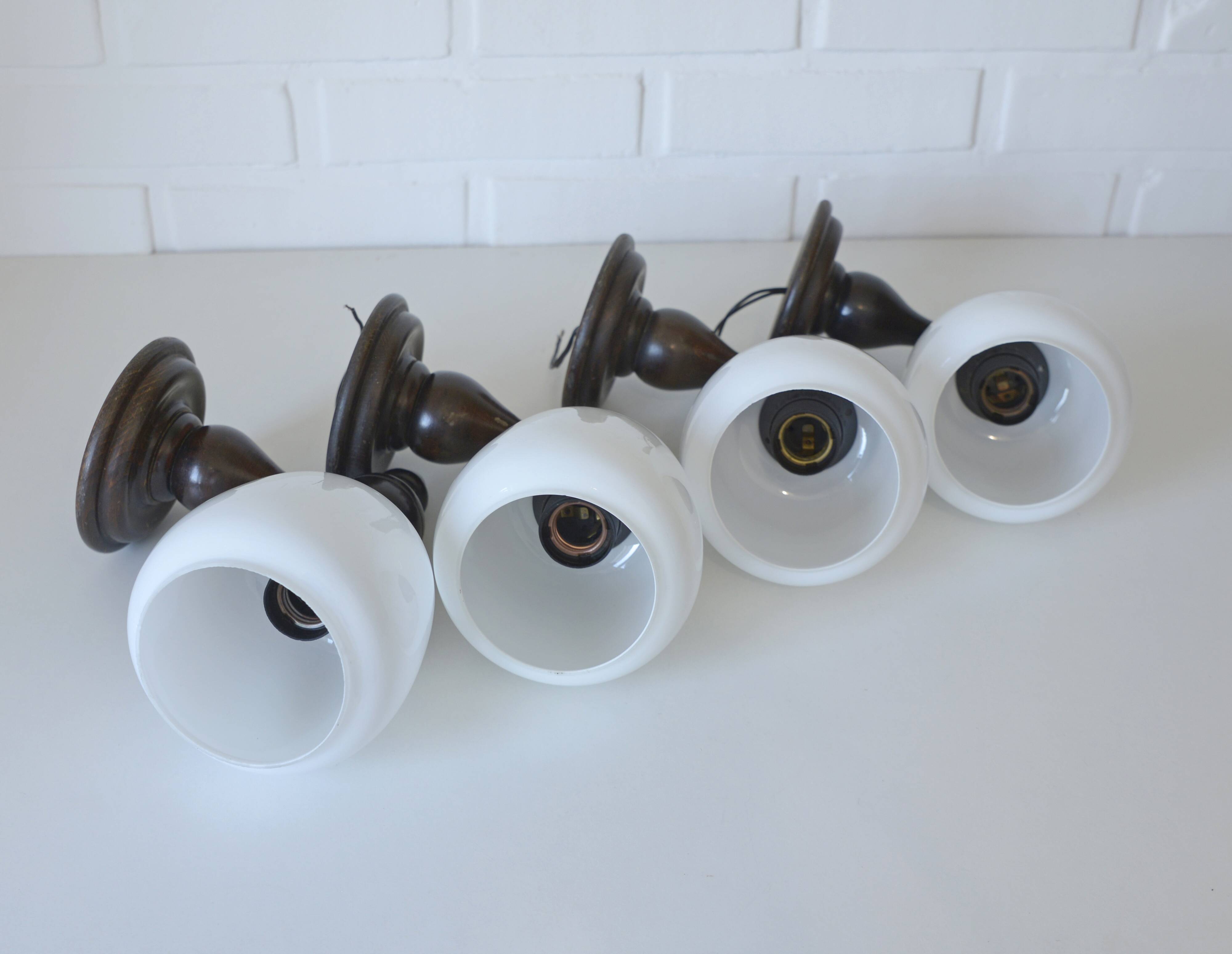 Set of 4 Vintage Lamps Wooden Wall Sconces Rustic Hand-turned Lighting