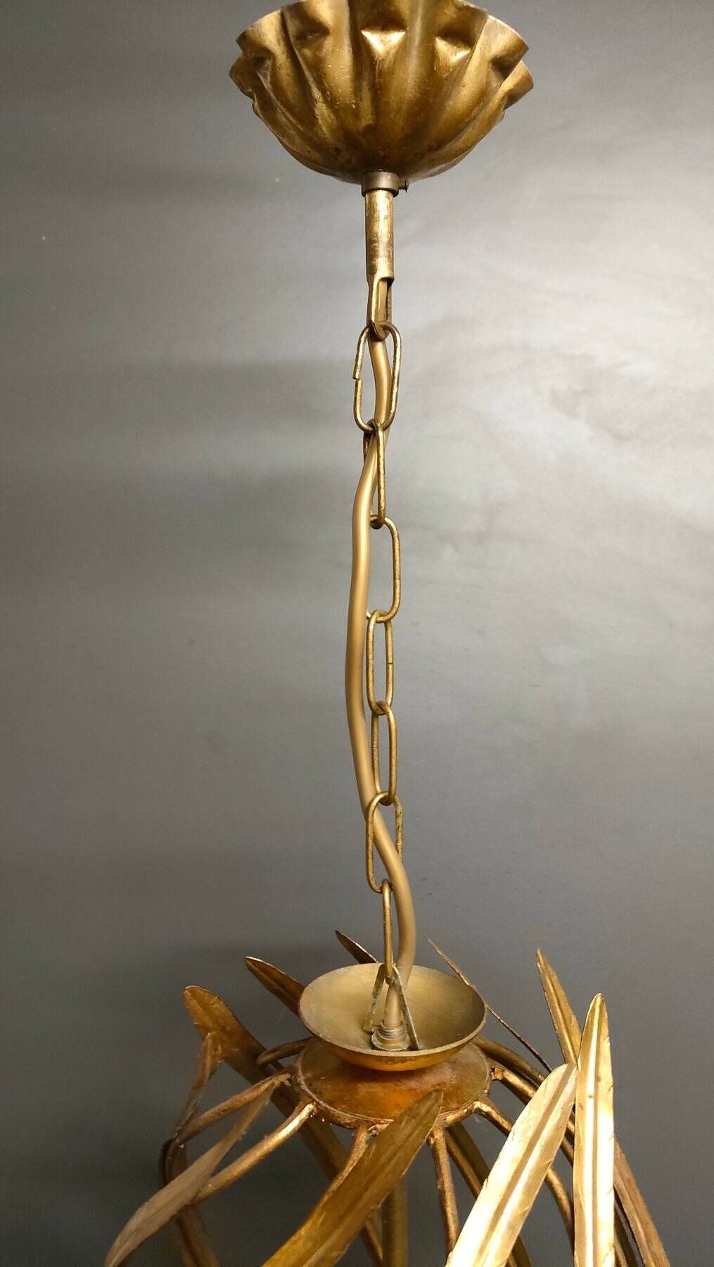 Large Italian Foliage Cage Chandelier - 1960s Art Crafts - Gold Metal