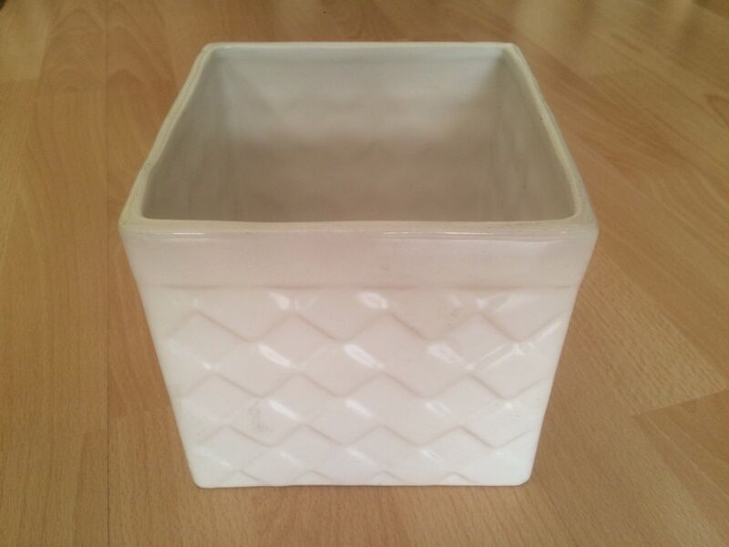 Square pot cover terra cotta enamelled white vintage