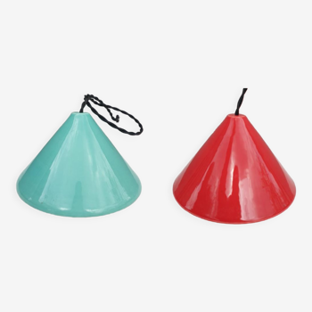 Pair of red and green earthenware conical pendant lamps