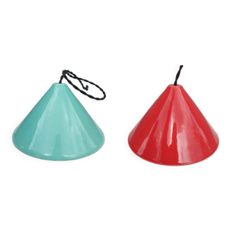 Pair of red and green earthenware conical pendant lamps