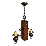 Medieval 2-light chandelier ~ hammered and patinated wrought iron ~ oak ~ 60s ~ France