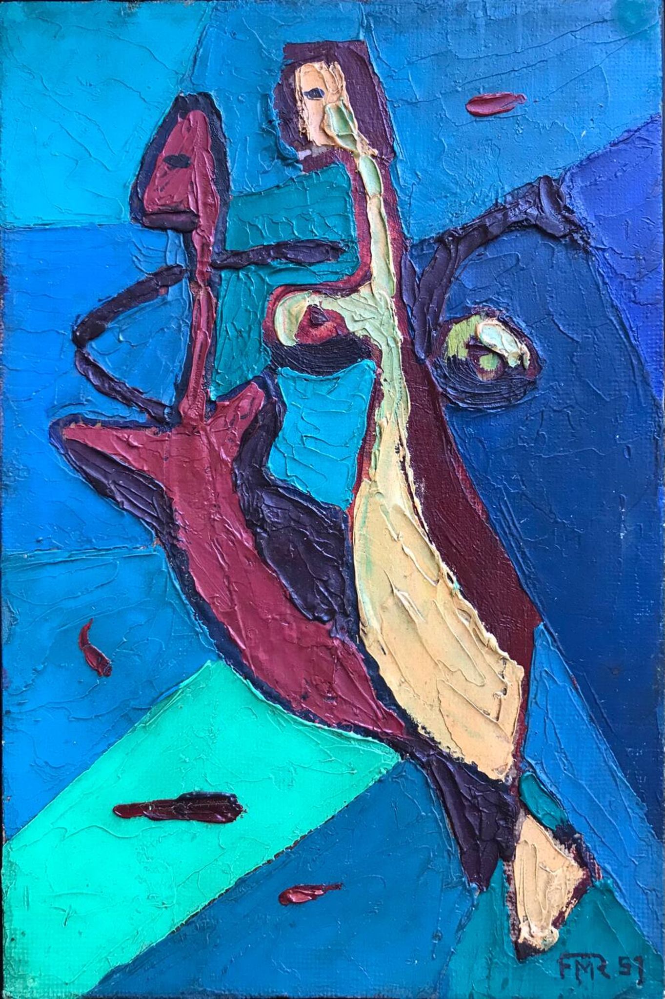 Huile sur toile cartonnée de rené marie ( 1909-1973).hippocampes