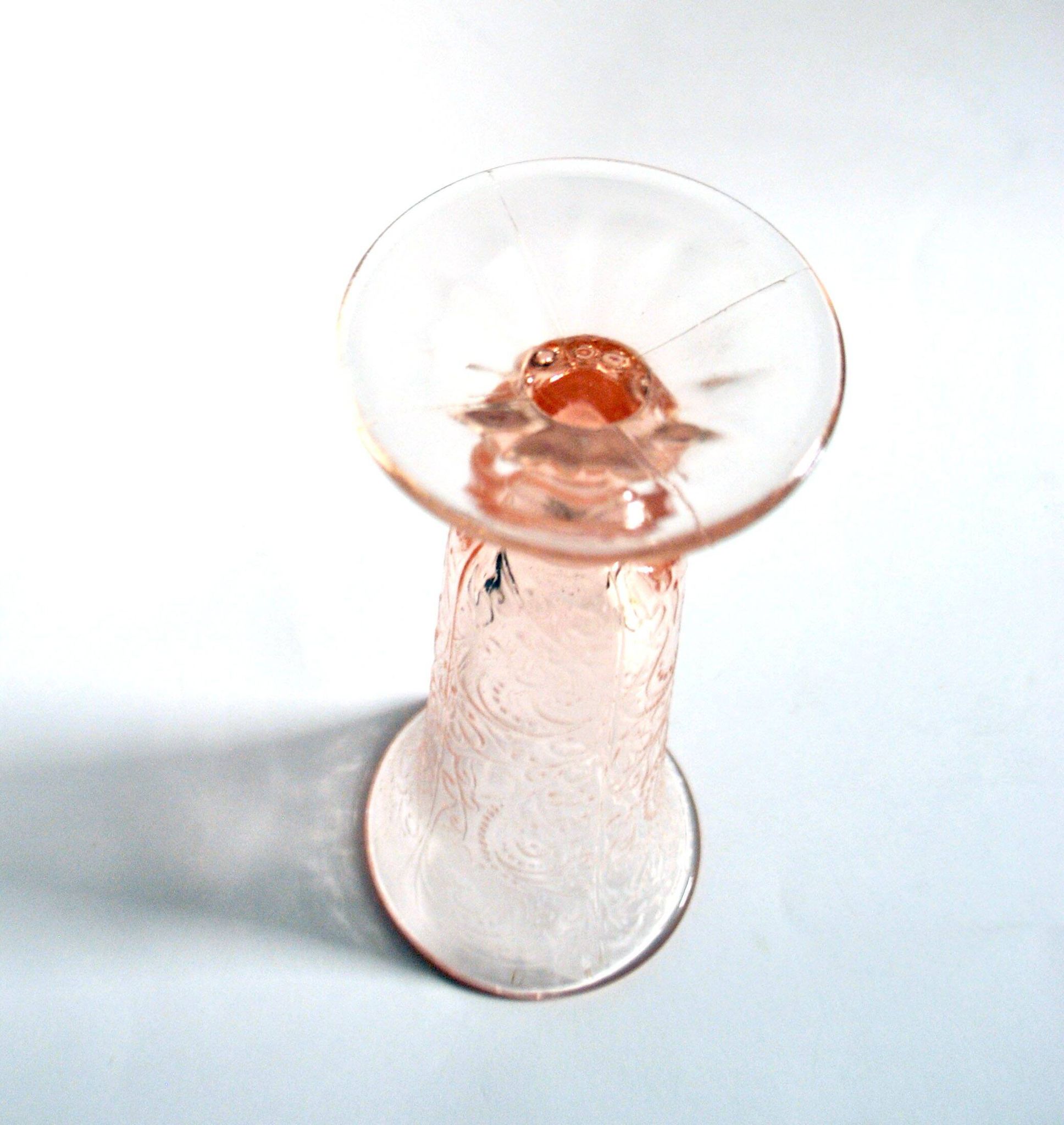 Vintage pink moulded glass cornucopia vase – bead and heart decoration