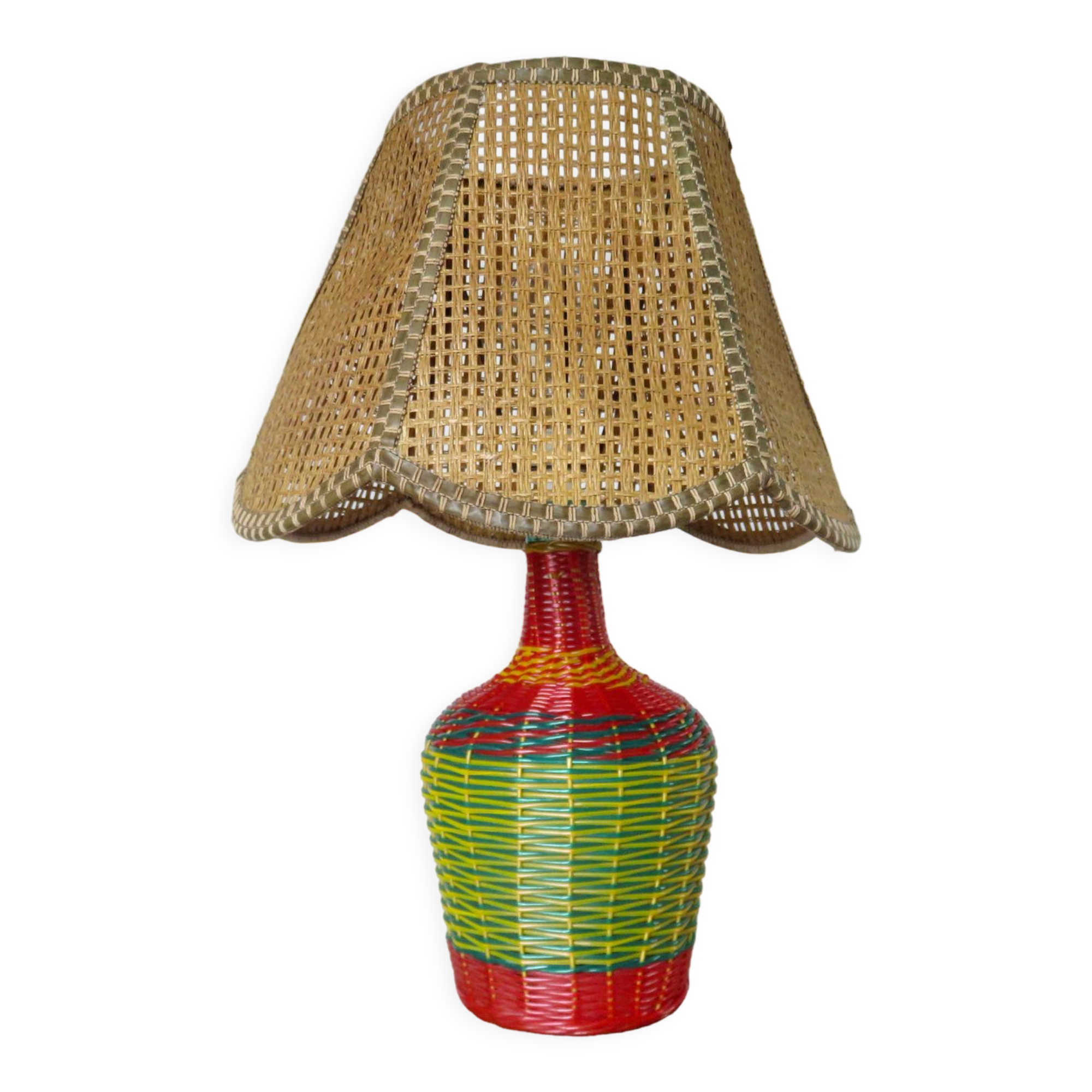 Bottle lamp in scoubidou, lampshade in rattan years 50/60