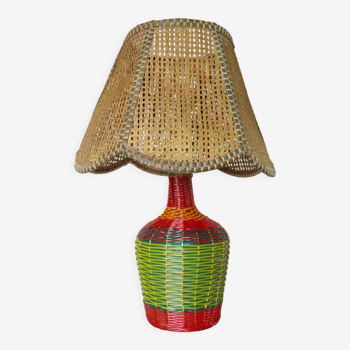 Bottle lamp in scoubidou, lampshade in rattan years 50/60