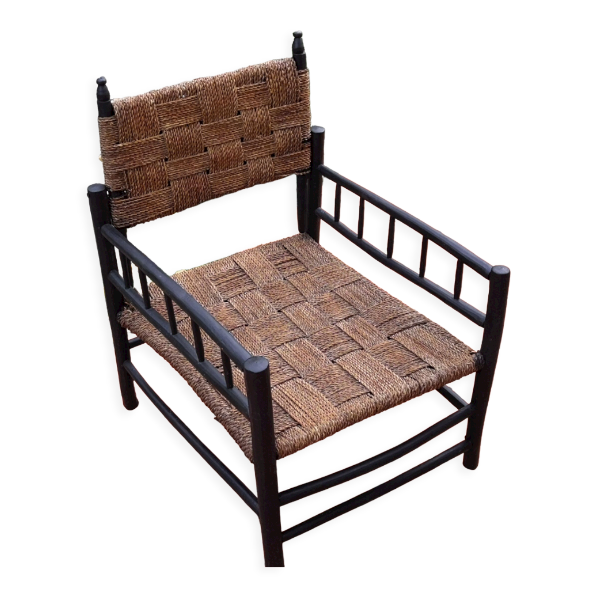 Modernist armchair in wood and braided rope, vintage 1950
