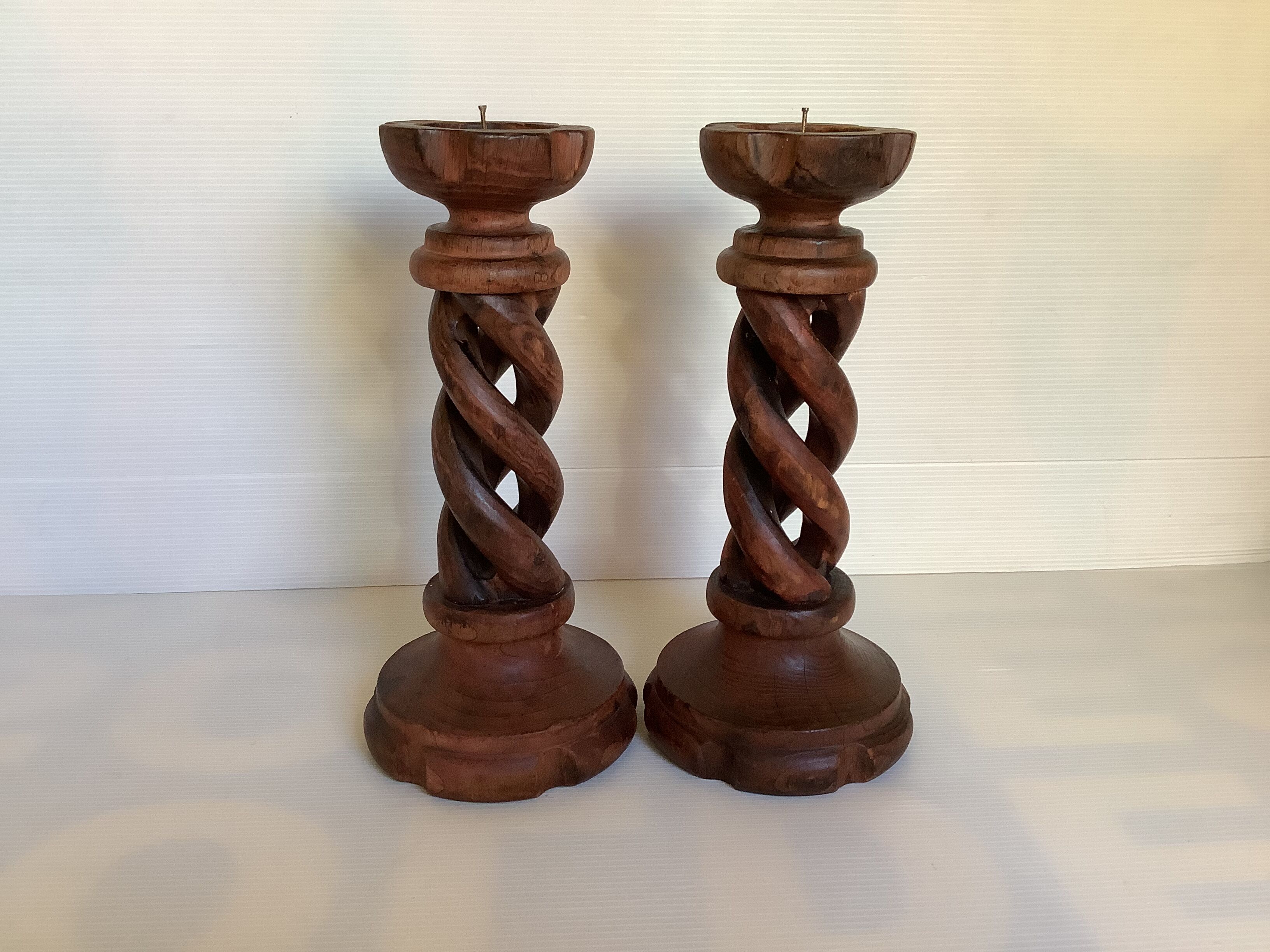 Pair of candlesticks picnic candle in twisted turned wood
