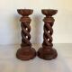 Pair of candlesticks picnic candle in twisted turned wood