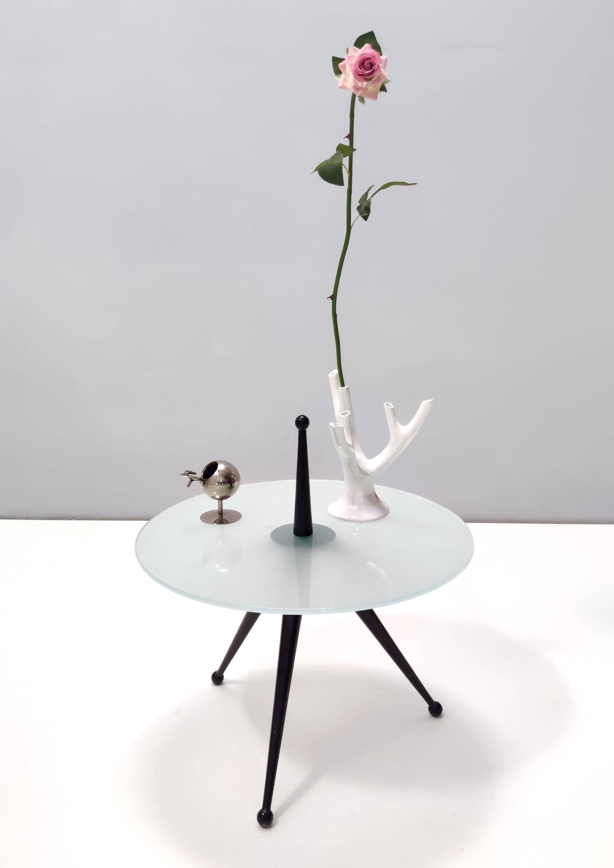 Tripod Beech and Glass Side Table in the Style of Cesare Lacca, Italy, 1980s