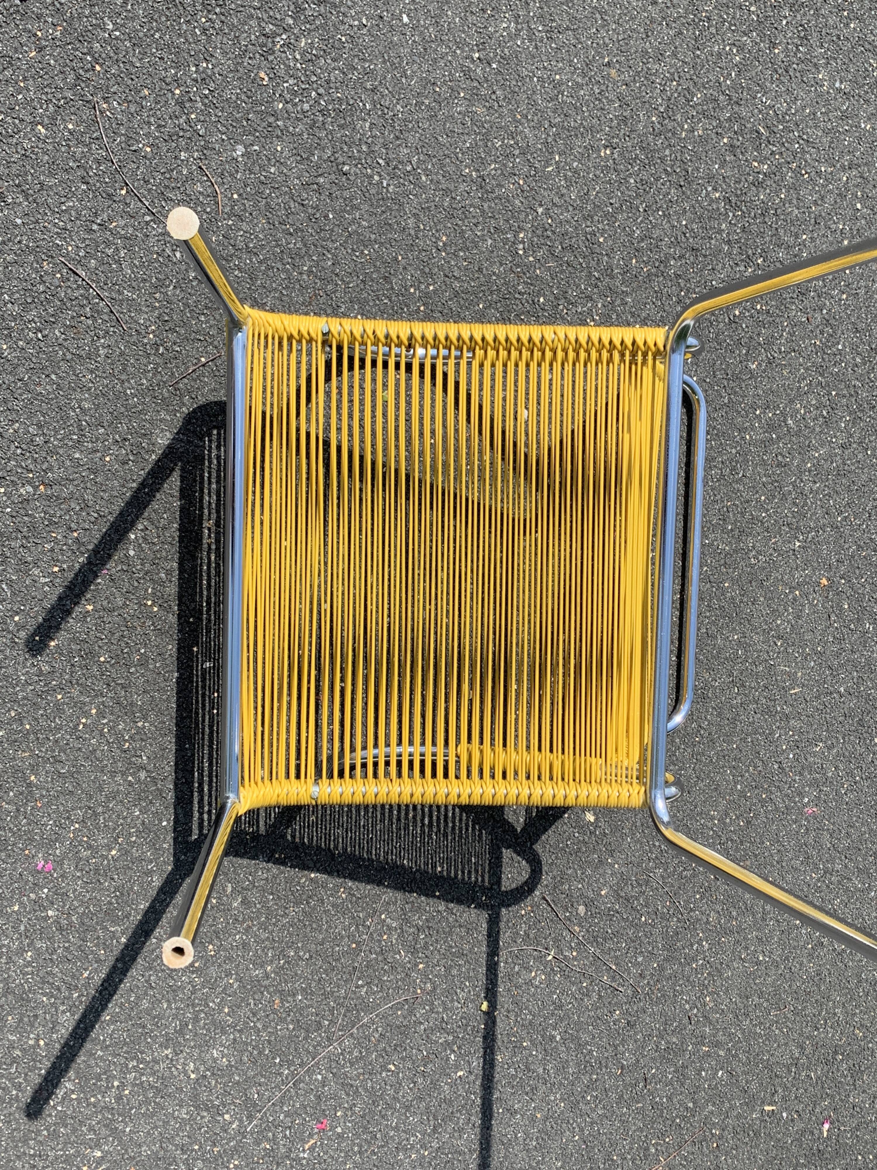 6 yellow and stackable armchairs, scoubidou by Dupré Perrin